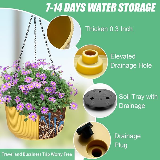 Hanging Planters for Indoor Plants, 3 Pack Hanging Baskets for Plants, Self Watering Plant Hanger for Indoor Plants, Round Hanging Plant Pot with Drainage Holes and Chains, Yellow