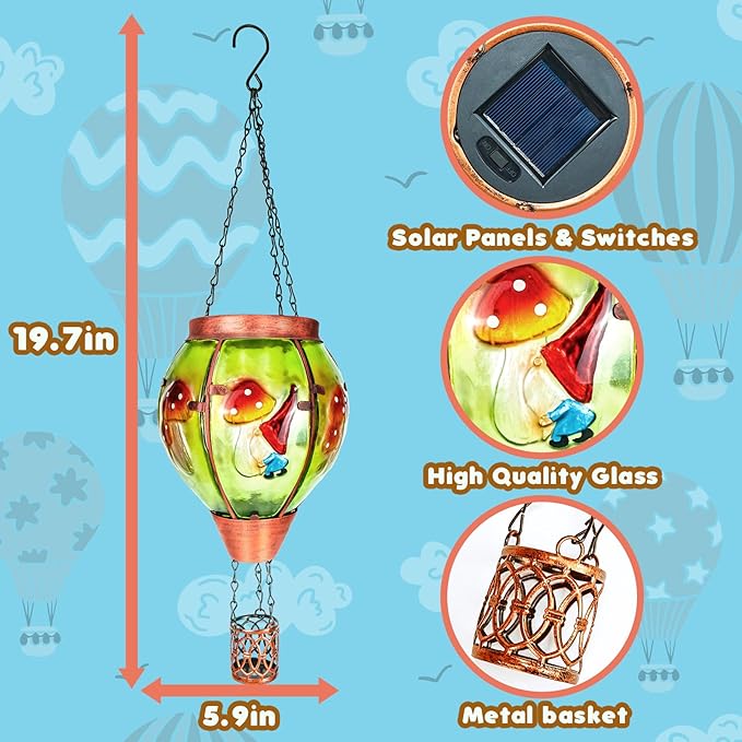 2 Pack Solar Hot Air Balloon Lantern with Flame，Mushroom Gnome Glass Solar Hanging Lanterns Outdoor for Outside Garden Patio Tree Porch Yard, Mushroom Gifts for Women Grandma Mom - Mushroom