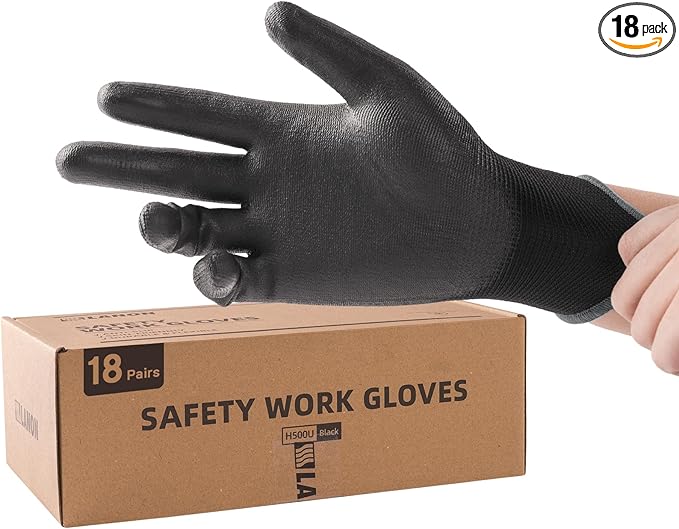 LANON Safety Work Gloves for Men and Women, 18 Pairs Mechanic Black Working Gloves with Grip Odorless PU Coated, Seamless Knit, Full Fingertip Touchscreen for Light Duty Working Gloves, XXL