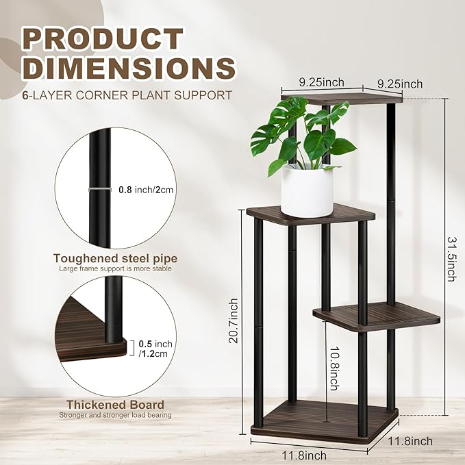 4 Tier Wood Tall Plant Stand Metal Rack Indoor, Multiple Flower Pot Holder Shelves Corner Rack, Planter Shelf Display Rack Storage Organizer for Patio Living Room Balcony Garden(Black Oak)