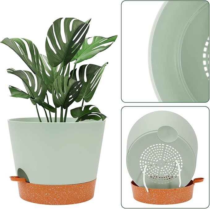 GARDIFE 12 inch Plant Pots, planters, Self Watering Pots, 2 Pack Large Plastic Flower pots with Deep Reservior and High Drainage Holes for Indoor Outdoor Plants and Flowers, Green