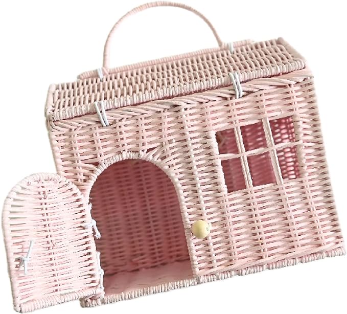 Rool Rattan House Shaped Basket Wicker Small Dollhouse Gift for Girls, Boho Toys, Mouse in a Box House, Little Girl Purse Clutch, Doll Carrier (Pink)