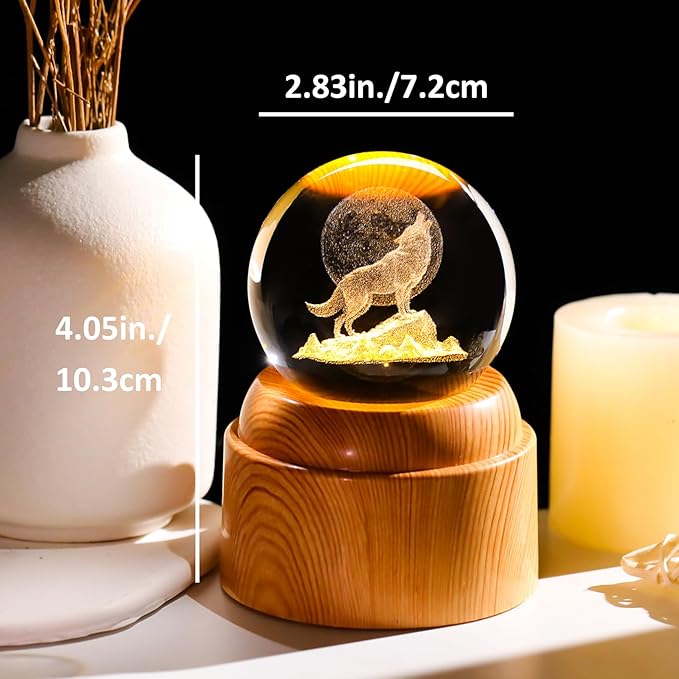 60mm 3D Wolf Crystal Ball with Rotatable Warm Light Wood Base, Wolf Gifts for Women Men Wolf Lovers, Wolf Figurines Decorations Lamp Night Lights
