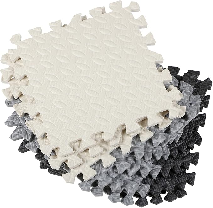 Shihanee Foam Floor Baby Tiles Foam Floor Mats Play Mats Bulk with Borders Interlocking for Kids Baby Playroom Nursery Gym (Black, White and Gray,64ft)