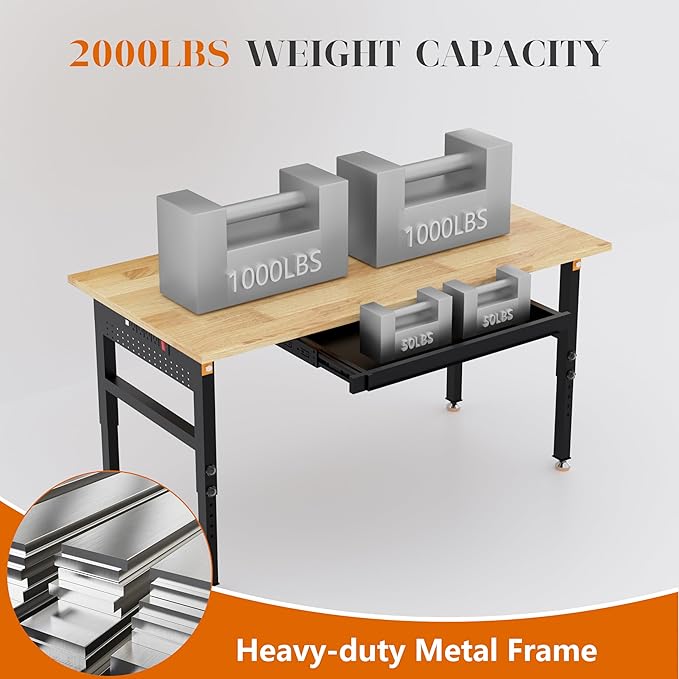 60" Adjustable Height Workbench, 2000 LBS Heavy Duty Work Table with Power Outlets & Pegboard, Rubber Wood Workstation for Garage, Workshop, Office, Home, Commercial