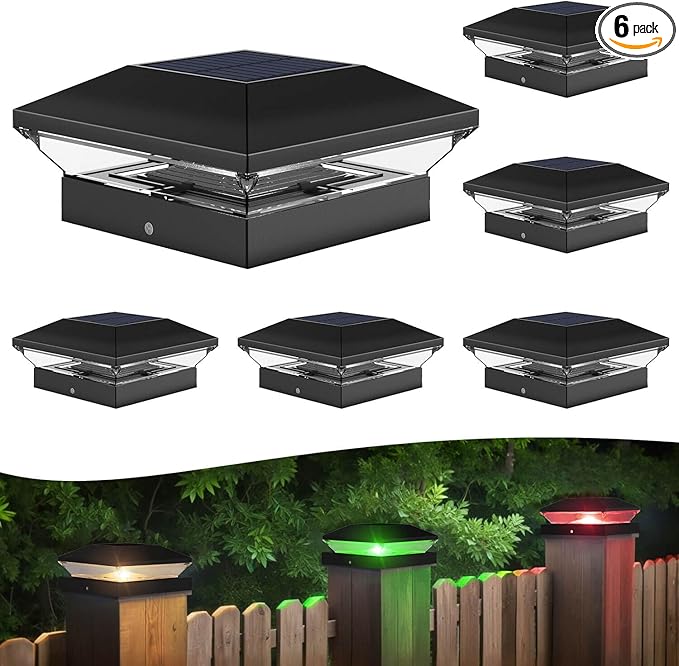 T-SUN Solar Post Cap Lights with Auto-Change Colors- for Wooden (4x4/6x6) & Vinyl (4x4/5x5) Posts | Weatherproof Outdoor Solar Fence Post Lights for Deck, Porch, Garden & Stairs(6-Pack,RGB)