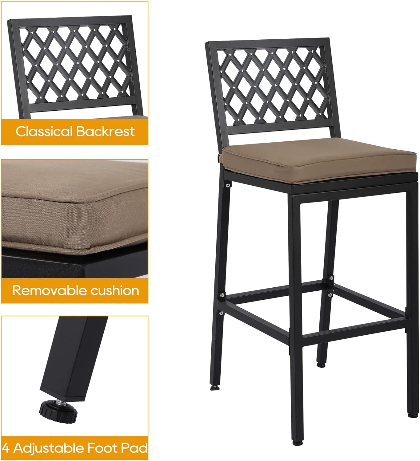 Outdoor Patio Bar Set, Bar Height Patio Dining Set, Weather-Resistant Bistro Counter Pub Set with Cushions & Slatted Tabletop for Backyard, Garden, Yard (47" Table, 2 "X Style Stool, Black)