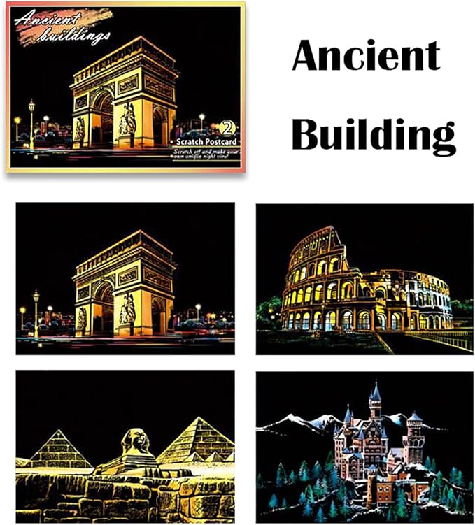 Georgie Porgy Scratch Paper Art Set DIY Arts and Crafts Kits for Kids Adults Magic Rainbow Scratch Postcards for Christmas Birthday Gift with Scratching Tools Kit (Classical Ancient Modern City)