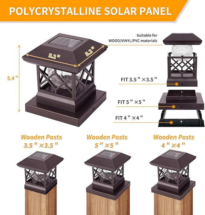 TWINSLUXES Fence Post Cap Light, LED Solar Lights for Deck Posts, Solar Post Caps Light Outdoor for 3.5x3.5/4x4/5x5 Posts, Wood or Vinyl Fence Deck Post, Warm Light (Brown)