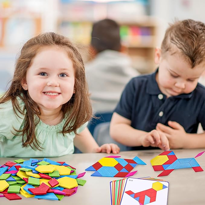 3 otters Wooden Pattern Blocks Shapes for Kids, Geometric Tangram Puzzle with Activity Cards, 150 PCS Educational Toy (Pack of 2)