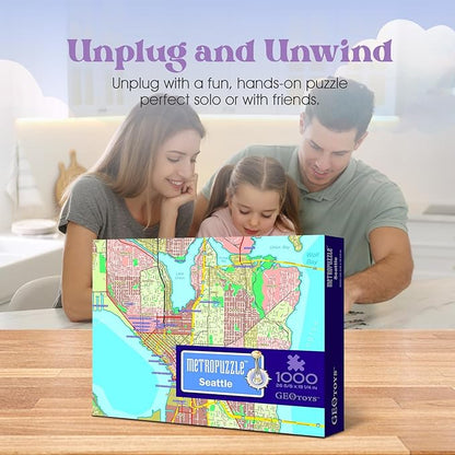 GeoToys Metropuzzle, Seattle Map Jigsaw Puzzles 1000 Pieces - 27 x 19 Detailed Geography Puzzle, Challenging Adult Puzzle, Fun Puzzles for Adults, Map Poster Included for Adults