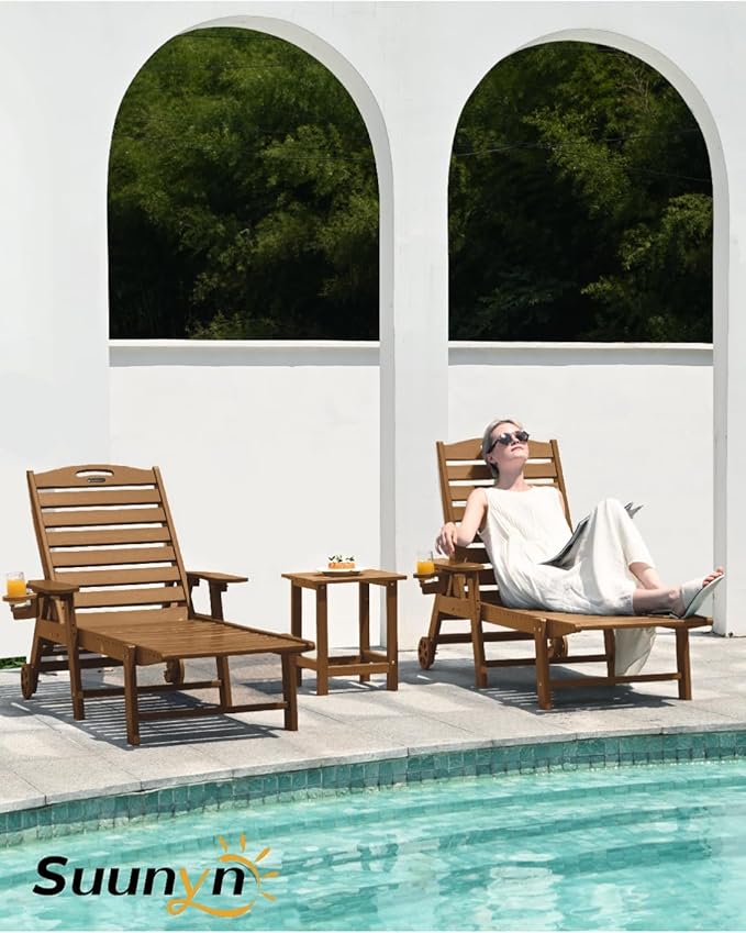 Lounge Chair Outdoor Set of 4 with Wheels, Adjustable 6-Position Chaise Lounge Outdoor, Patio Lounge Chair for Poolside Backyard, Teak