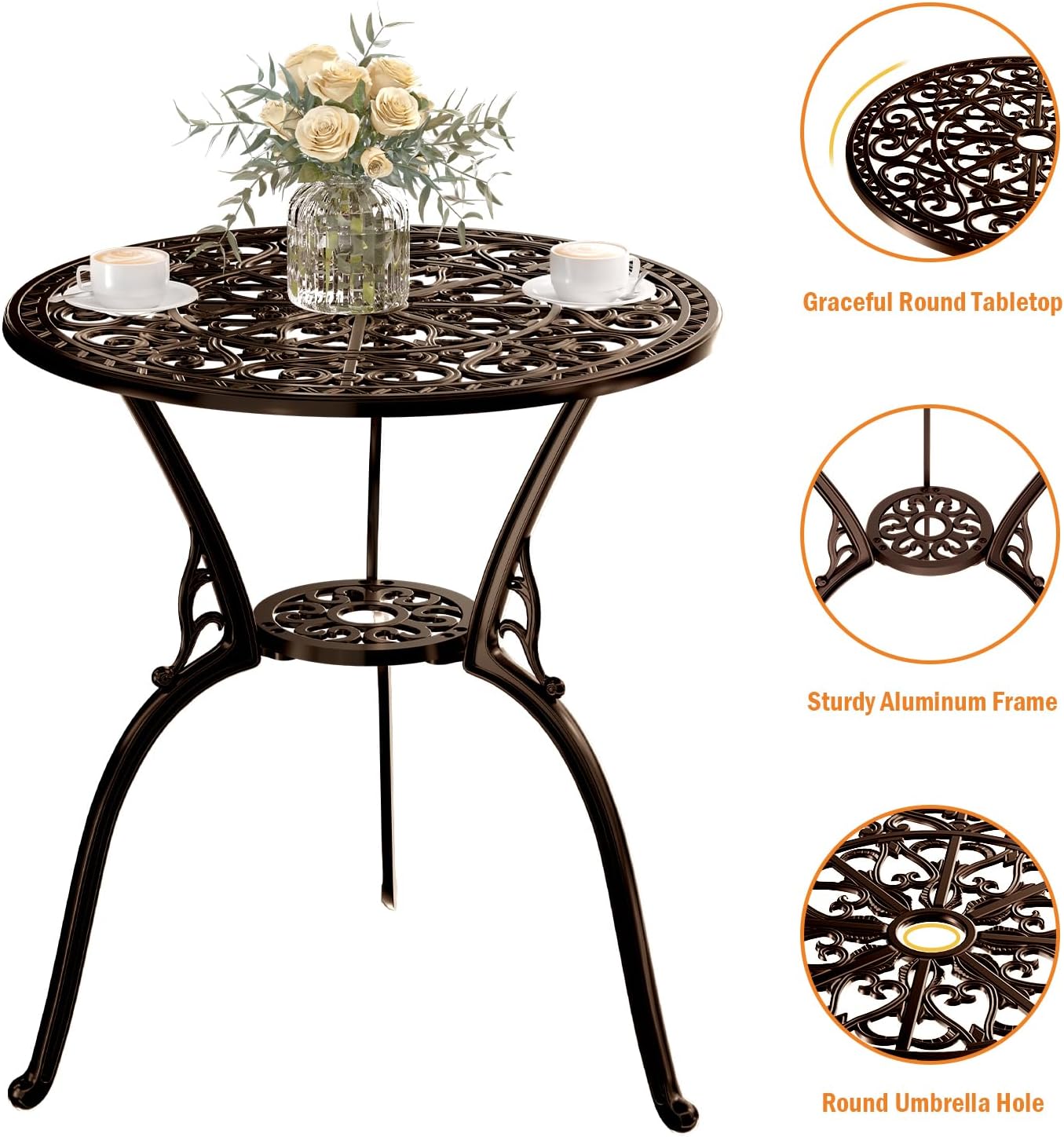 Patio Bistro Set of 2, Cast Aluminum, Outdoor Set w/Umbrella Hole, 3 Piece Table and Chairs Set, Bistro Set for Backyard/Garden/Lawn, Bronze