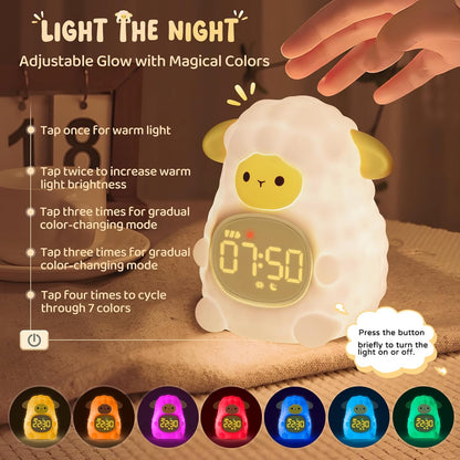 Sheep Alarm Clock with Night Light for Kids with Sleep Training and Sound Machine, Rechargeable Silicone Lamp OK to Wake Clock，Cute Animal Tabletop Lamp, Perfect Sleep Companion for Boys Girls