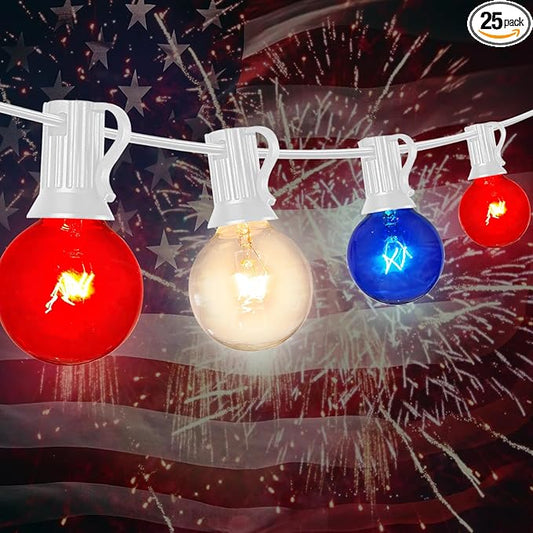 4th of July Decorations Lights Outdoor, 25Ft Red White and Blue Lights with 25 G40 Light Bulbs, Plug in G40 Patriotic Light for Indoor Independence Day Party Memorial Day-White
