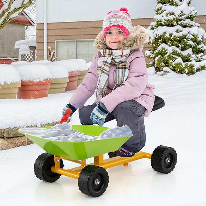 Costzon Kids Ride-on Sand Dumper, Children Outdoor Sandbox Toy w/Ergonomic Handle & 4 Wheels, Heavy Duty Steel Digging Metal Garden Play Tool for Boys Girls, Kids Wheelbarrow (Light Green)