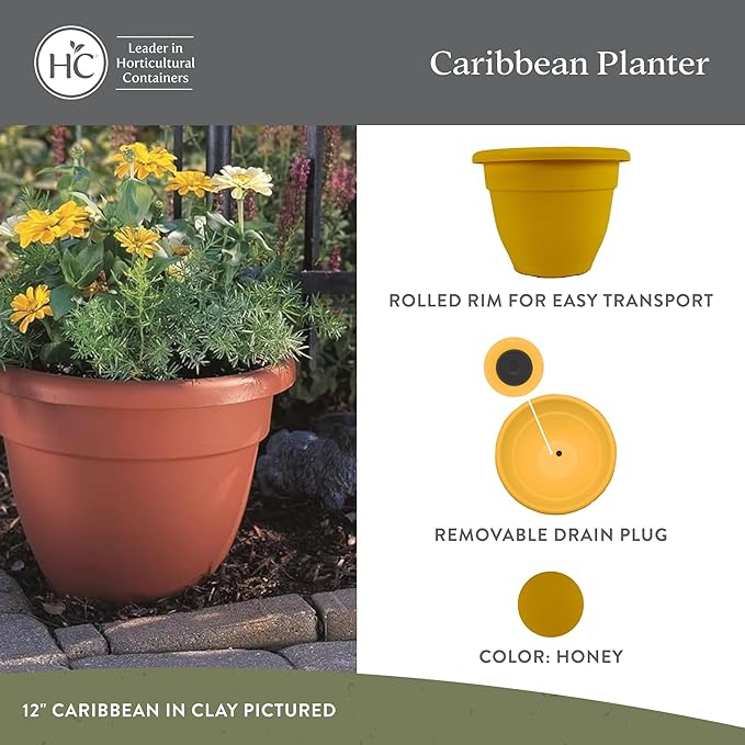 The HC Companies 20 Inch Caribbean Planter - Lightweight Indoor Outdoor Plastic Plant Pot for Herbs and Flowers, Honey