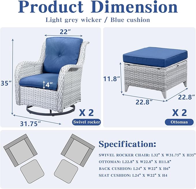 4 Pieces Patio Furniture Sets, Wicker Patio Swivel Glider Chair with Ottomans, Outdoor Furniture Set for Outside Porch Deck Balcony, Light Grey