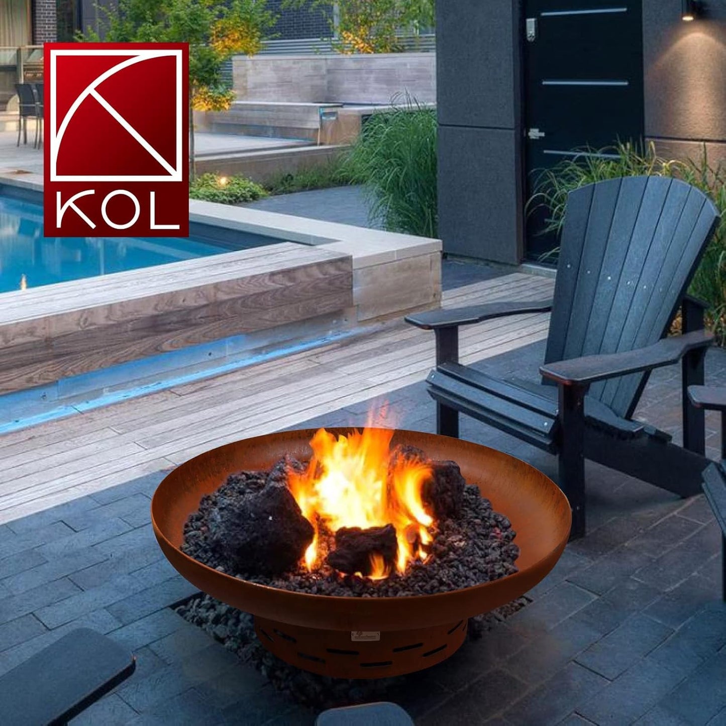 KOL 35" Dia. Heavy-Duty Fire Pit - Pre-Rusted Corten Steel Round Firepit Large Fire Bowl with Stand - Weathering Steel Wood Burning Fireplaces for Outside Backyard Deck Party Bonfire