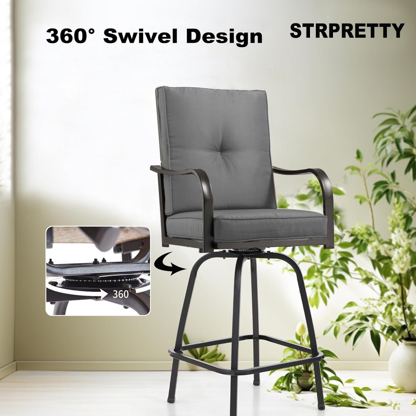 Patio Swivel Bar Stools Set of 6, Outdoor Bar Height Patio Swivel Chairs with Cushion for Garden Balcony Backyard (Grey)