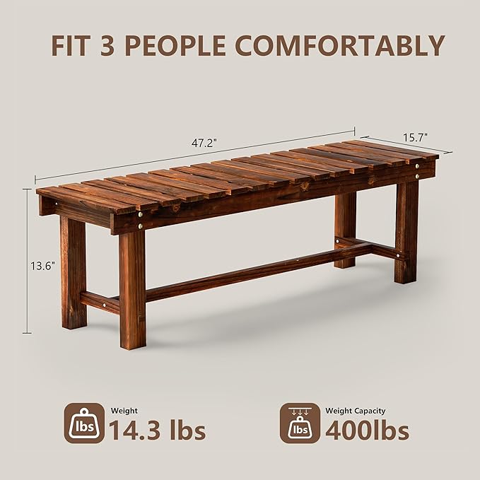 Outdoor Garden Bench, Weatherproof Patio Benches 3-Person Seat Backless Wooden Porch Bench, Multifunctional Slat All Weather Bench for Garden Lawn Porch Park Backyard (Carbonized Brown, 47.2 inch)