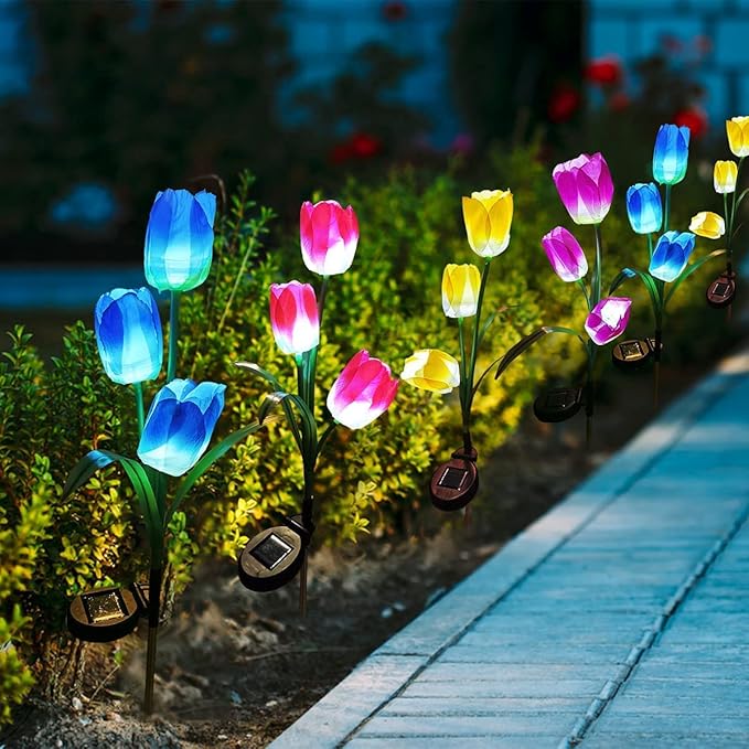 Veesee Outdoor Solar Tulip LED Flower Light, Christmas Gift, Solar Garden Stake Flowers, Decorative Solar Lamp for Patio Lawn,Solar Path Tulip Lights, Lawn, Garden, Yard, Grave Decoration-Red