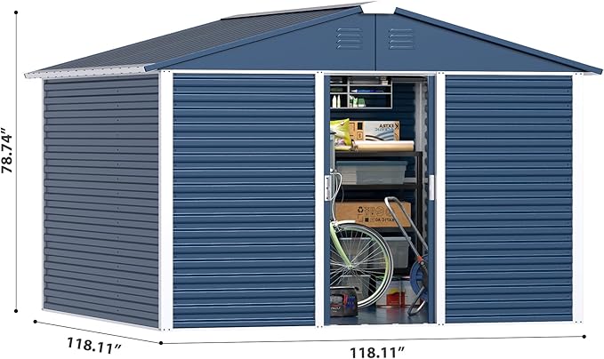Metal Outdoor Storage Shed 10FT x 10FT, Steel Utility Tool Shed Storage House with Sliding Door, Metal Sheds Outdoor Storage for Backyard Garden Patio Lawn, Blue