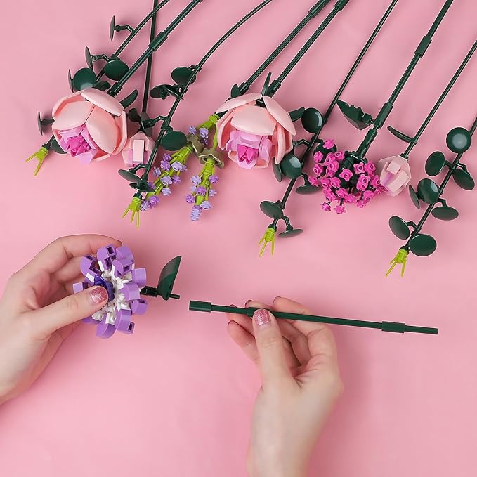 Flower Bouquet Building Blocks Artificial Pink Rose Botanical Collection Bricks Sets Toys Kits Christmas X'Mas Valentine Gifts Birthday Creative Gifts for Adults Mom Girlfriends(413PCS)