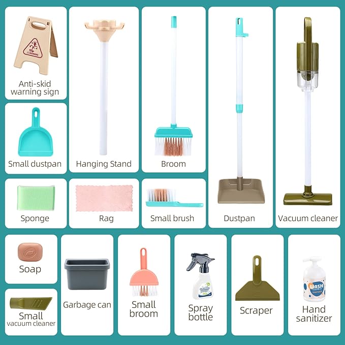 Kids Cleaning Set for Toddlers, Detachable 20 Pcs Pretend Play Set, Educational Toddler Cleaning Carts Includes Real Working Vacuum Cleaner, Broom, Spray Bottle and More