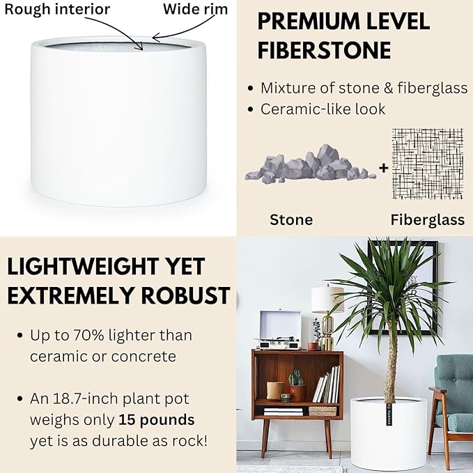 Fox & Fern 18.7 Inch Extra Large Planter — Premium Lightweight Fiberstone Matte White Plant Pot with Drainage Plug; Extra Large Planter for Indoor & Outdoor Use; Weather Resistant & UV Resistant