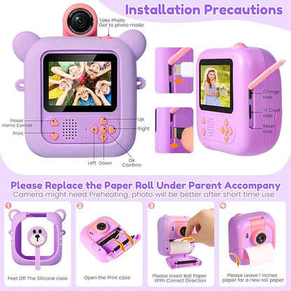 Kids Camera Instant Print, 7 Print Paper (4 Color: O/R/G/B+3 B&W), 2.4" Screen Instant Camera for Kids Ages 3-12,1080P, 180°Flip Lens,32GB Card- Christmas Birthday Present for Boys & Girls,M2