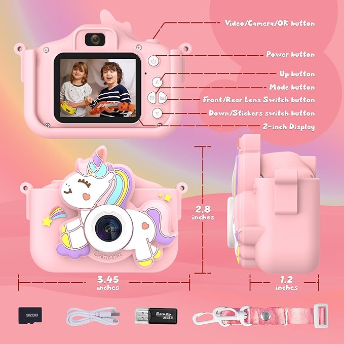 Kids Camera for Girls, HD Selfie Toddler Camera, Christmas Birthday Toys for Girls Age 3-12 Years, Kid Digital Camera with 32GB Card, Cute Princess Toys Gifts for Kids 3 4 5 6 7 8 Years Old(Pink)