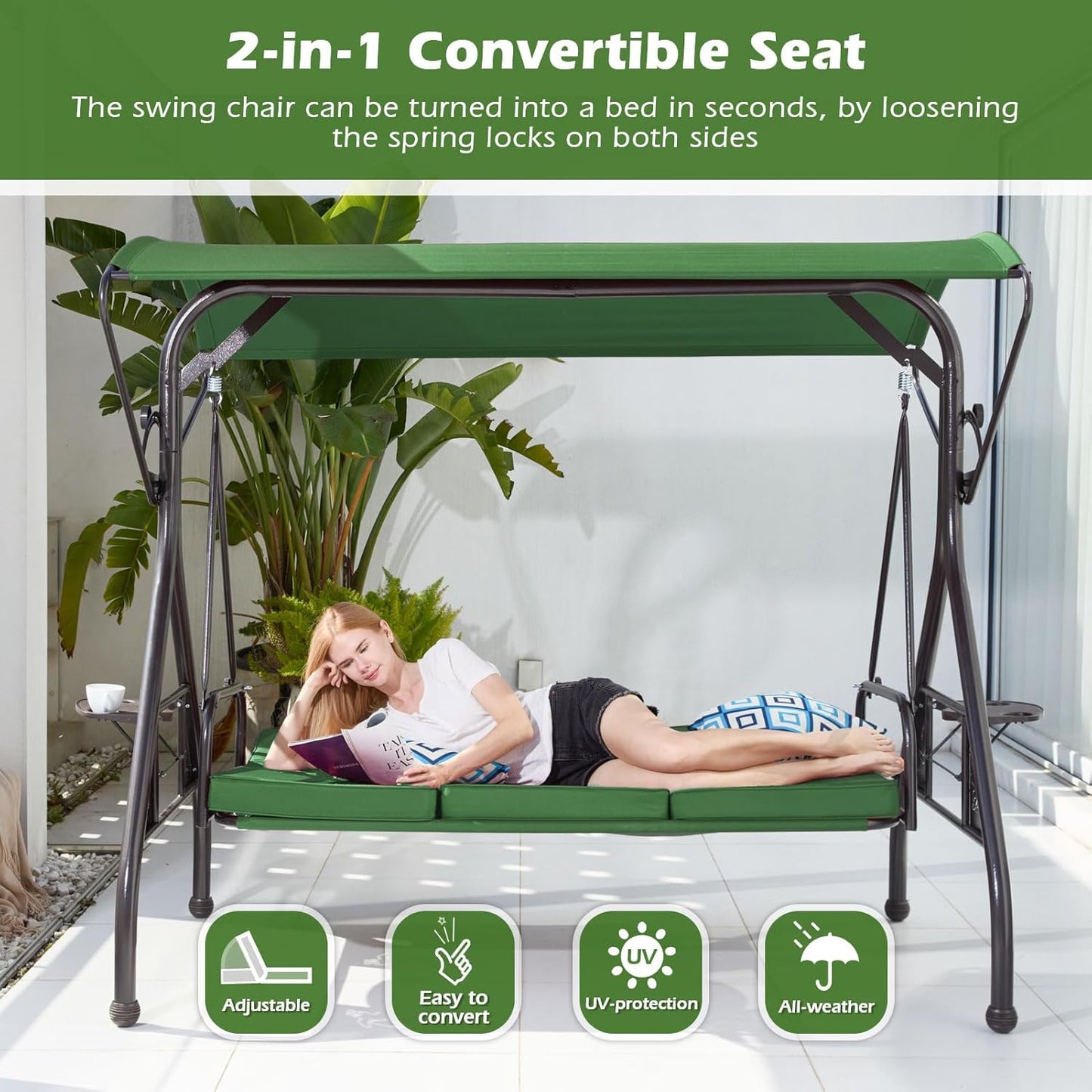 800LBS Patio Swing with Canopy 3 Seat Outdoor Porch Swing with Stand w/Cup Holder & Pillow Glider Chair Swing Bed for Patio Backyard Poolside (Green)