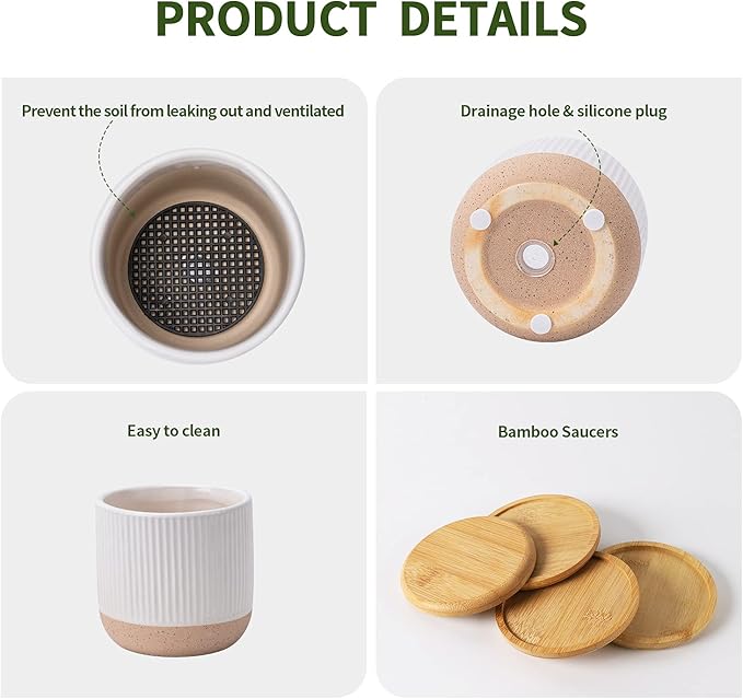 AOMRYOM 4 Inch Small Ceramic Plant Pots with Drainage Hole and Saucer, Modern Flower Planter for Succulent, Indoor Plants, Cactus, Herbs, White, Set of 4 (Plant Not Included)