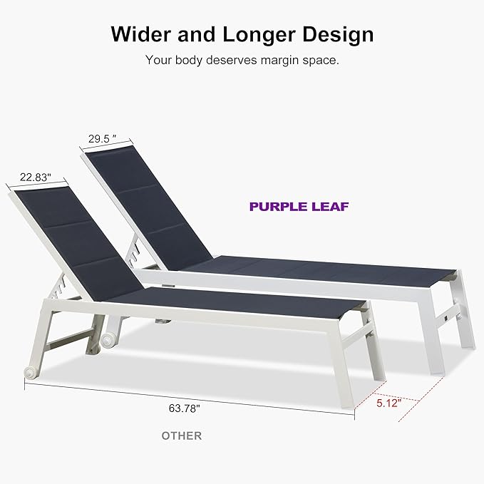 PURPLE LEAF Outdoor Chaise Lounge Set Oversize Adjustable Sunbathing Recliner Extra Wide Lounge Chairs with Side Table for Poolside Beach Outside Patio Aluminum Chaise Lounger Navy Blue
