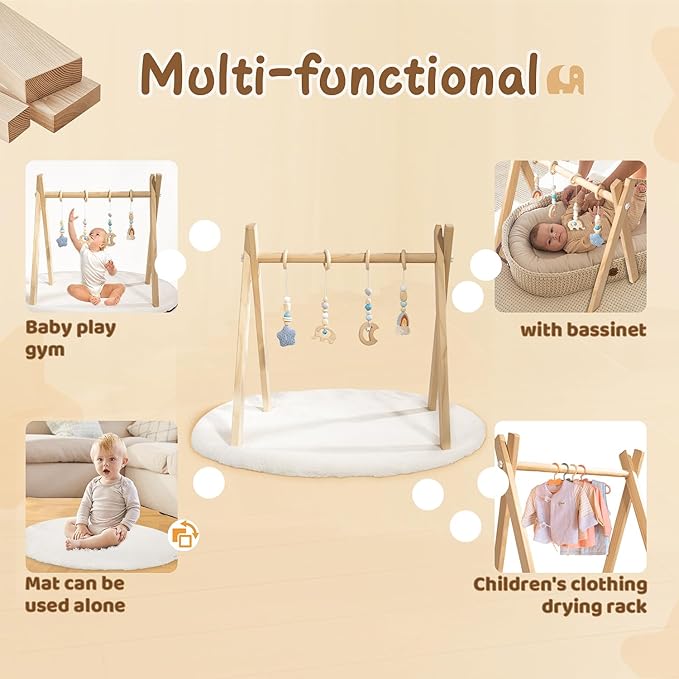 Wooden Baby Play Gym with Activity Mat, Foldable Baby Gym Frame with Hanging Sensory Toys for Newborn Baby