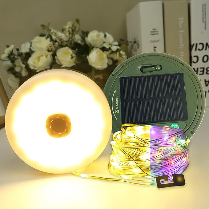 Solar Camping String Lights, 4 in 1 Remote Control Light, Outdoor Lantern Retractable Light 10 Lighting Modes, Solar Powered and USB Charging, Portable Multicolor&Warm White for Decorations
