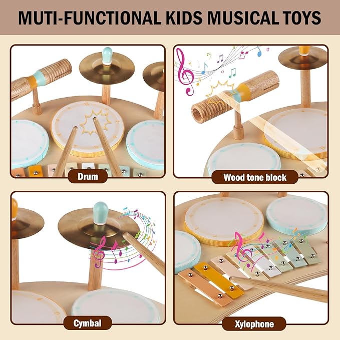 Toddlers Drum Set Toys for Toddlers 1-3,Baby Drum with Xylophone,Musical Instruments Toy, Kids Wooden Montessori Toys Birthday Gift for Boys Girls