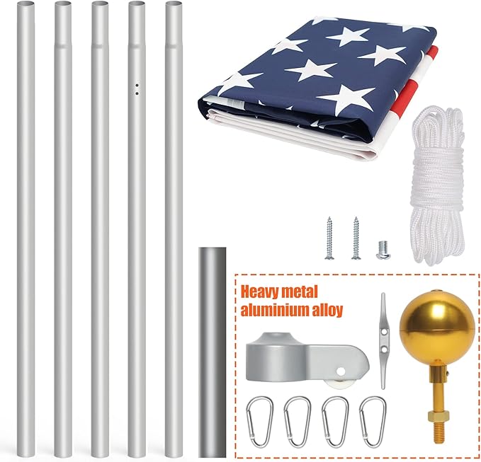 NELXINJO 20FT Sectional Flag Pole Kit, Heavy Duty Aluminum Outdoor In-Ground Flagpole, Gold Ball Top, 3x5 USA Flag for Residential commercial Outdoor Garden(20FT, Silver)