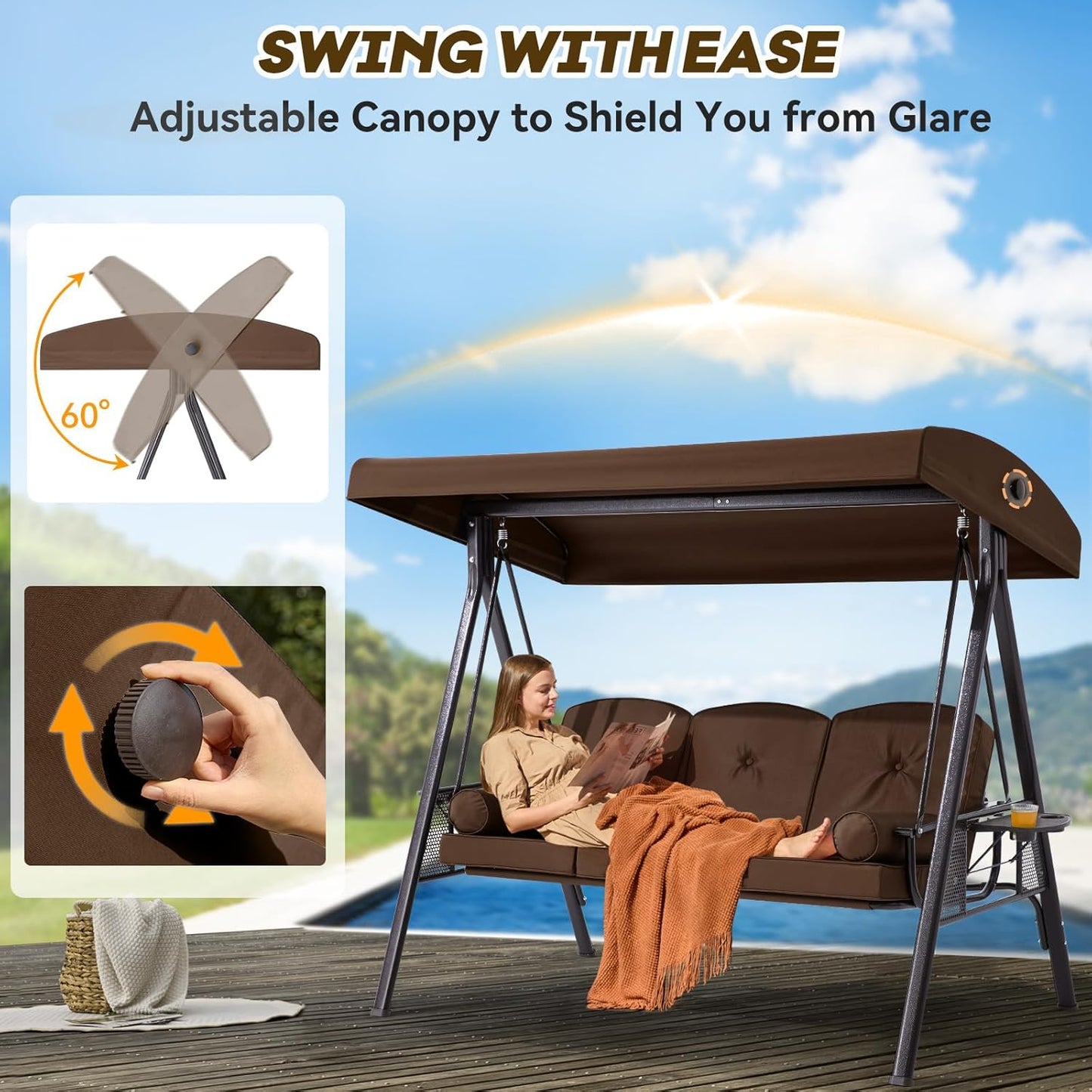 3 in 1 Outdoor Porch Swing with Canopy, 3 Seat Outdoor Swing for Adults, Patio Swing Chair with Thickened Cushions,Pillows & Cup Holders for Backyard, Porch, Garden (Brown)