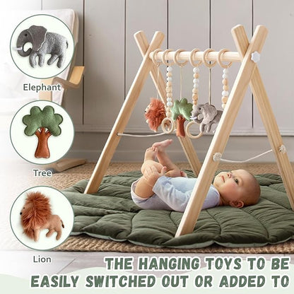Razee Wooden Baby Play Gym Activity Mat, Leaf Shaped Play Mat Baby Gym with 6 Hanging Sensory Toys Foldable Baby Gym Newborn Infant Baby Use