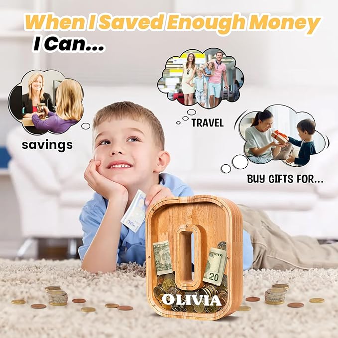KMC Wooden Letter Piggy Bank, Personalized Initial Piggy Bank for Kids Boys, Clear Alphabet O Wood Money Box, Unbreakable Coin Saving Jar, Birthday, for Children