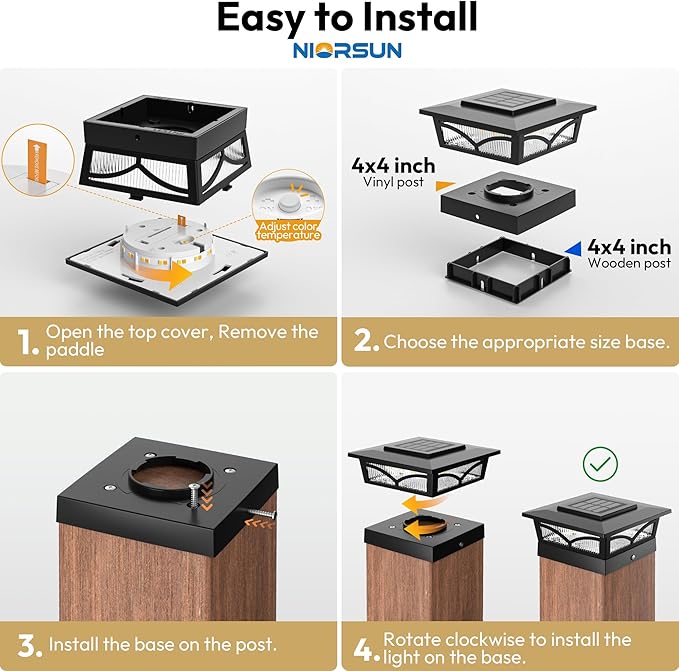 NIORSUN Solar Post Cap Lights Outdoor, 2 Modes LED, Deck Fence Post Solar Lights for 3.5x3.5 4x4 Caps Patio Garden Decoration, Warm White/Cool White Lighting Black 12 Pack
