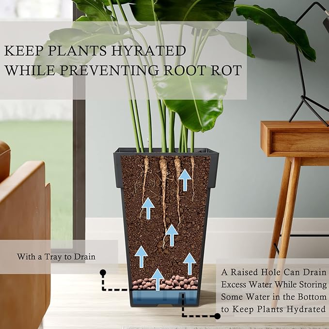 kubvici Tall Planters for Outdoor Plants, 20 Inch Movable Drainage Large Indoor Planters, Set of 2 Plastic Planters for Front Porch Door Garden Balcony Deck, Dark Gray 20"