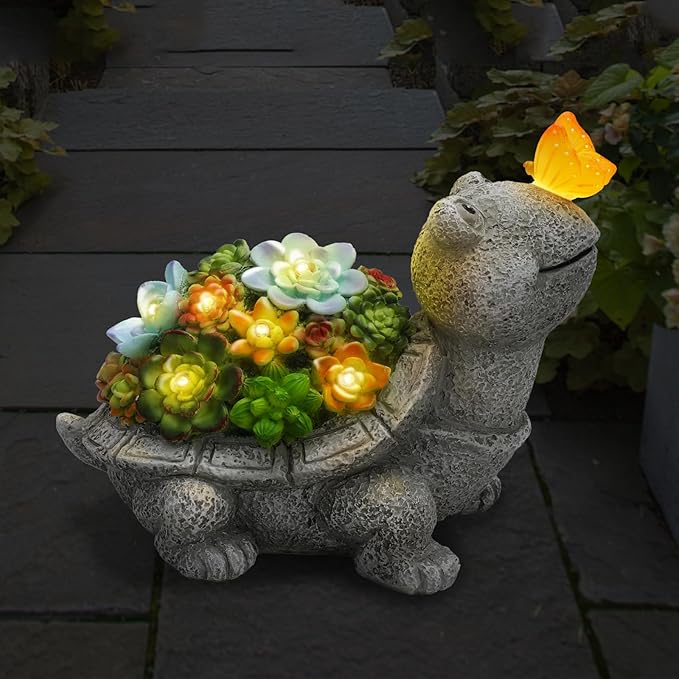 Solar Garden Outdoor Statues Turtle with Succulent Butterfly 8 LED Lights, Lawn Decor Tortoise Figurine for Patio Balcony Yard, Yard Unique Christmas Birthdays Gift for Mom Grandma