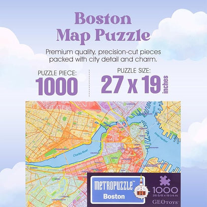 GeoToys Metropuzzle, Boston Jigsaw Puzzles 1000 Pieces, Detailed City Map Geography Puzzle, Challenging Adult Puzzle, Fun Puzzles for Adults, Family Puzzles, US City Map Poster Included
