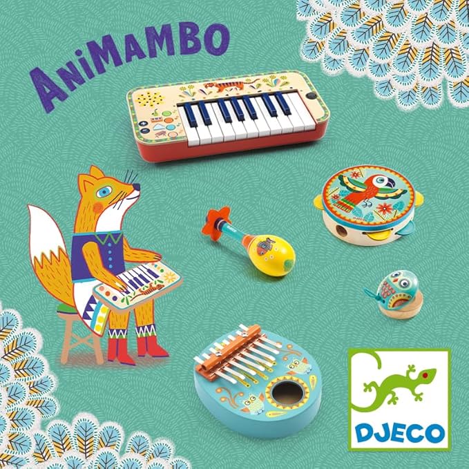 DJECO Animambo Tambourine, Maraca, Castanet Music Instrument Set - Cute Parrot, Fish & Owl Design Toddler Educational Musical Toy for Creativity & Rythym - Toys for 3+ Years Girls & Boys