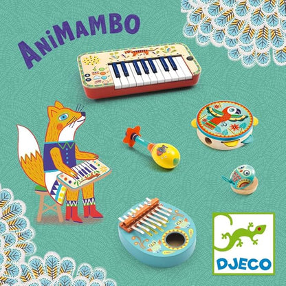 DJECO Animambo Tambourine, Maraca, Castanet Music Instrument Set - Cute Parrot, Fish & Owl Design Toddler Educational Musical Toy for Creativity & Rythym - Toys for 3+ Years Girls & Boys
