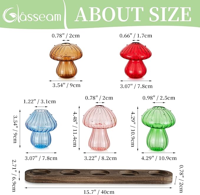 Glasseam Mushroom Plant Propagation Stations: Glass Plant Terrarium Jar with Wood Stand Unique Hydroponic Planters for Indoor Plants Cute Propagation Vase for Plant Lovers Home Office Decor 5Pcs