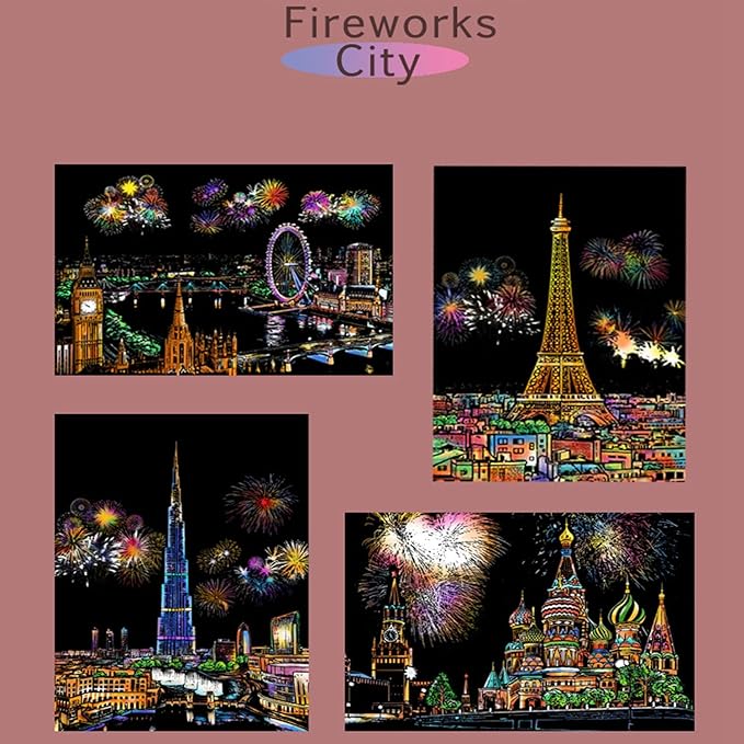 Georgie Porgy Scratch Paper Art A4 Set for Kids Adults Magic Rainbow Scratch Postcards Boards for DIY Arts and Crafts Kits Christmas Birthday Gift with Scratching Tools Kit (Beauty+Fireworks City)